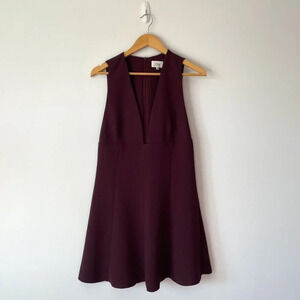 Artizia Wilfred Montbrun Plunge Crepe V Neck A-Line Mini Dress Burgundy Sz 10
